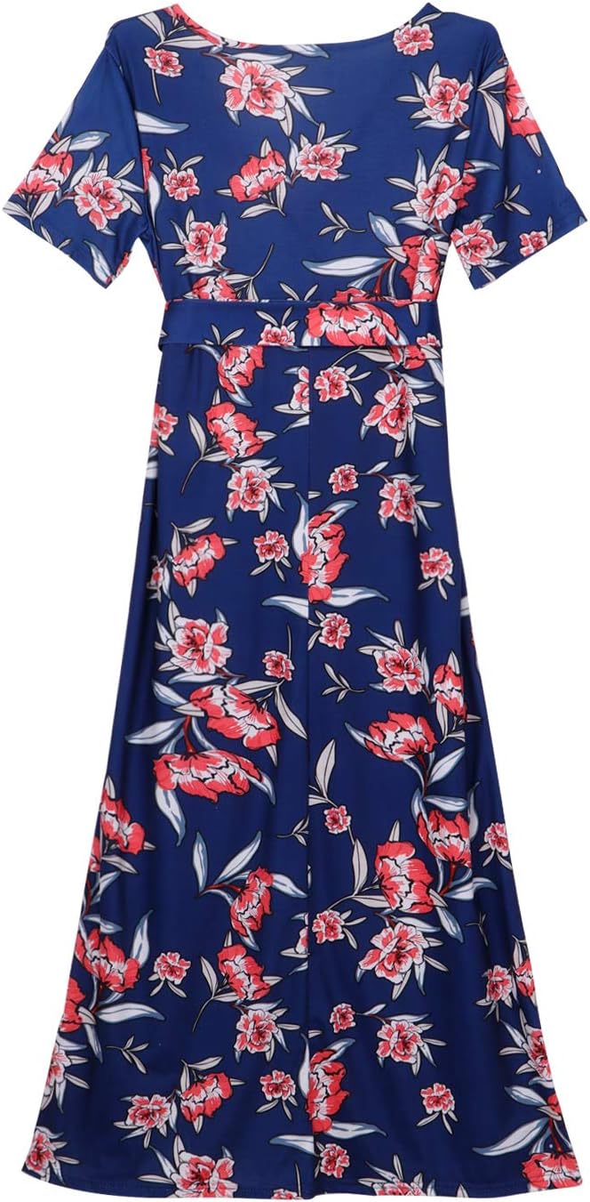 Freebily Women's V Neck Short Sleeves Faux Wrap Maxi Maternity Long Dress with Belt