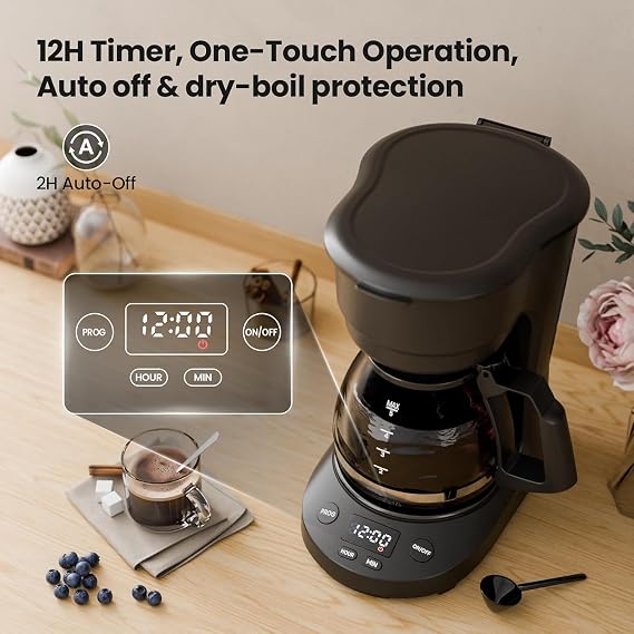 Kismile 5-Cup Drip Coffee Maker, LED Display, Timer,Anti-Drip & Shut-Off | Small Coffee Maker with Dry-Boil Protection, Removable Funnel, Compact, Ideal for Home & Office