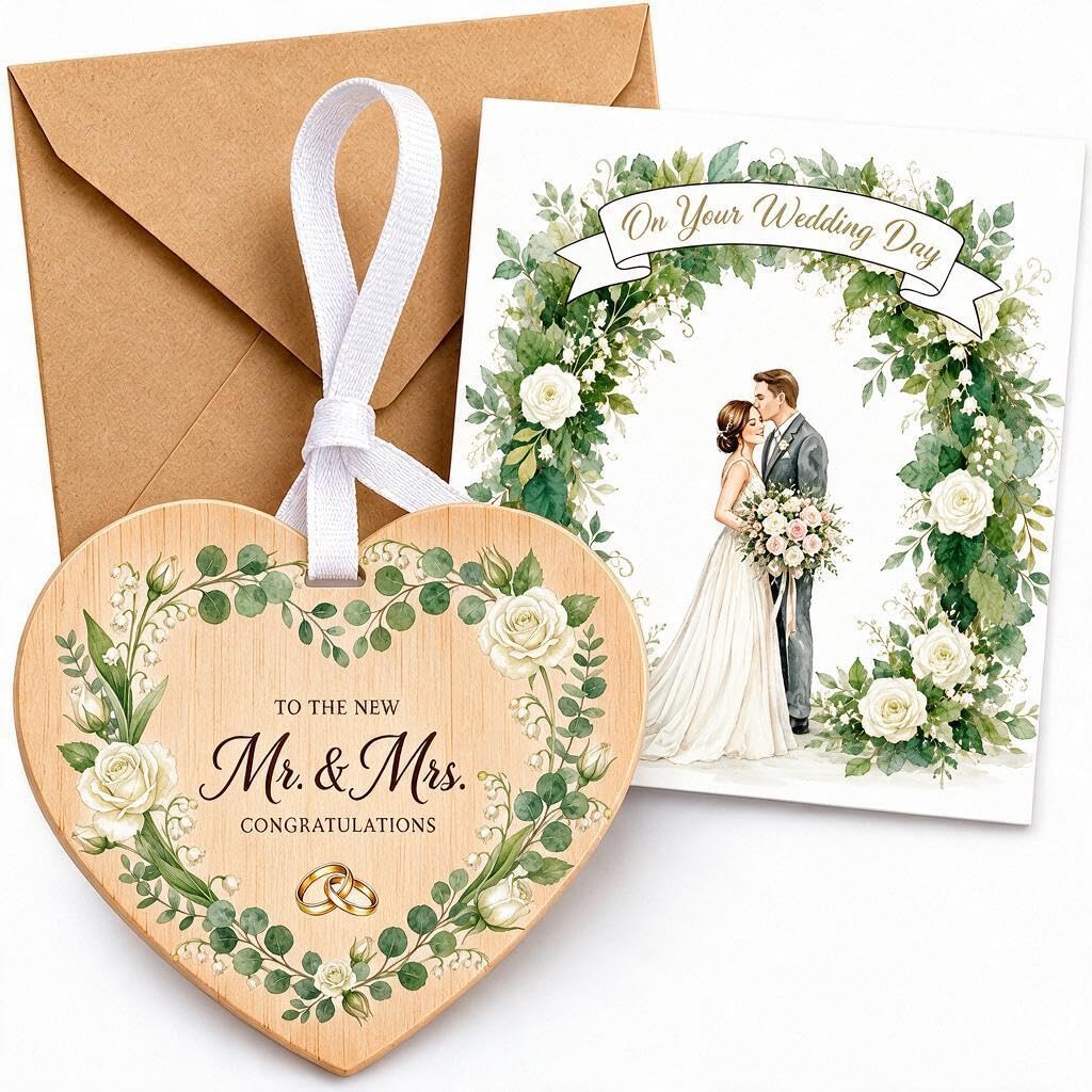 Wedding Gift for Bride & Groom, Mr & Mrs Card with Wooden Heart Keepsake