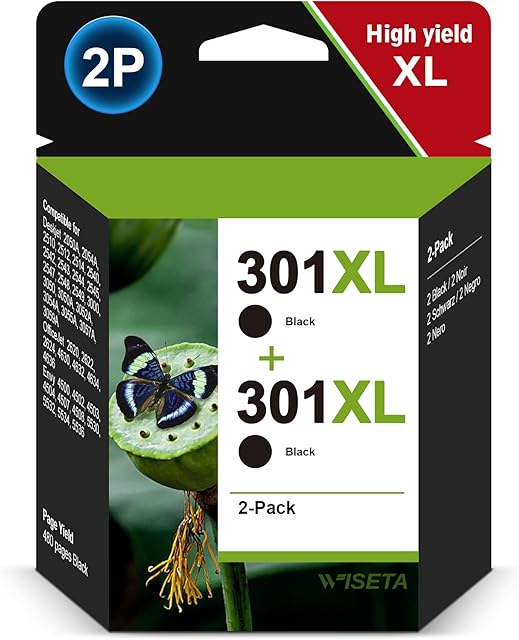 WISETA 301XL High Yield Remanufactured Ink Cartridge Replacement for HP 301 XL 301 CH563EE for Deskjet 2540 1510 2620 3050A 1512 1000 1010 1050 2050 2050A Envy 4500 4502 5532 5530 (Black, 2-Pack)