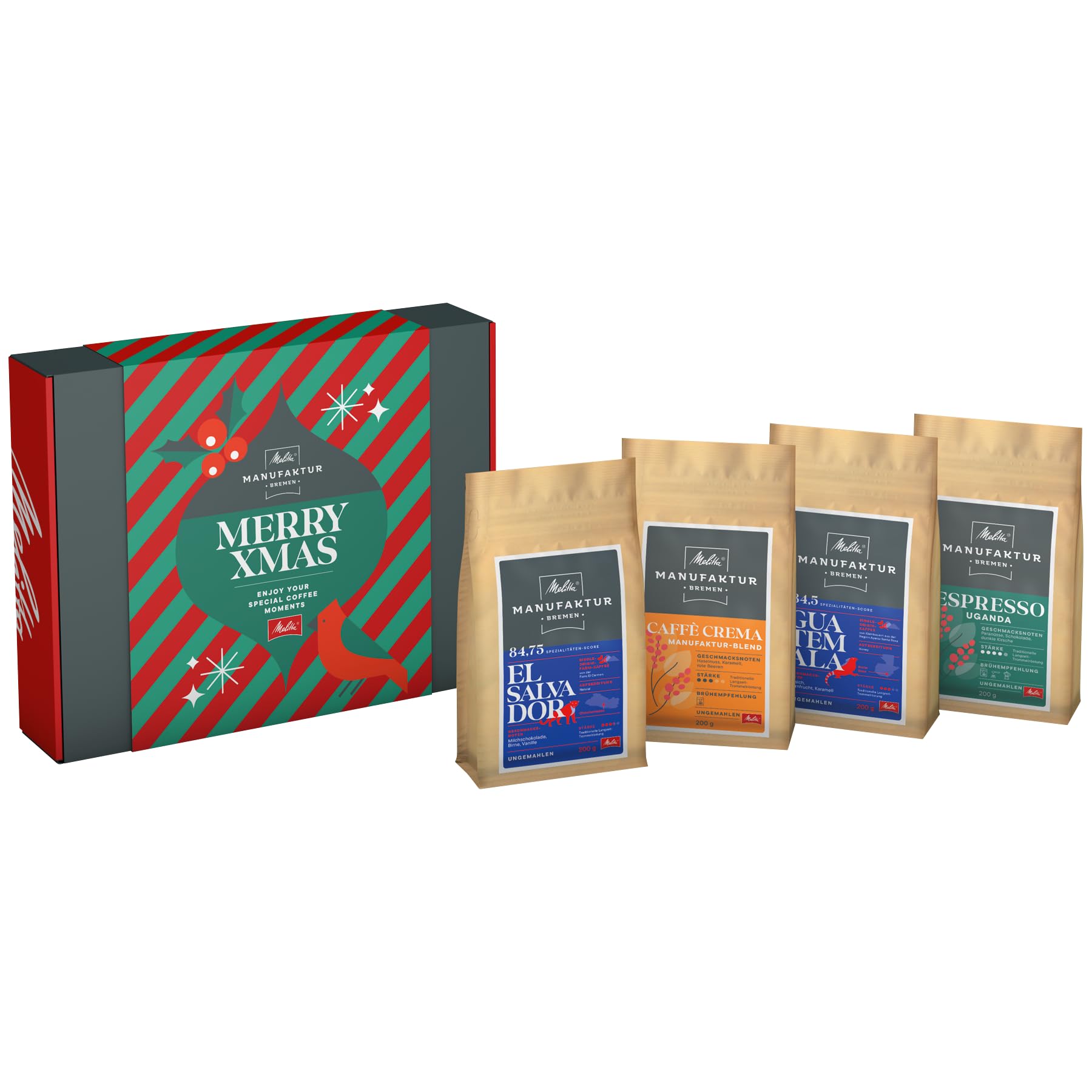 Melitta Kaffee Weihnachts-Geschenkbox - 4 Spezialitätenkaffees, ganze Bohnen, handgeröstet, Geschenkidee zu Weihnachten