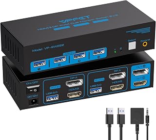 VPFET 8K60Hz Displayport HDMI KVM Switch 2 PC 2 monitory 4K120Hz USB 3.0 KVM przełączniki z 4 portami USB do dwóch komputerów ze wspólnym podwójnym monitorem, klawiaturą, myszką, drukarką i dyskiem
