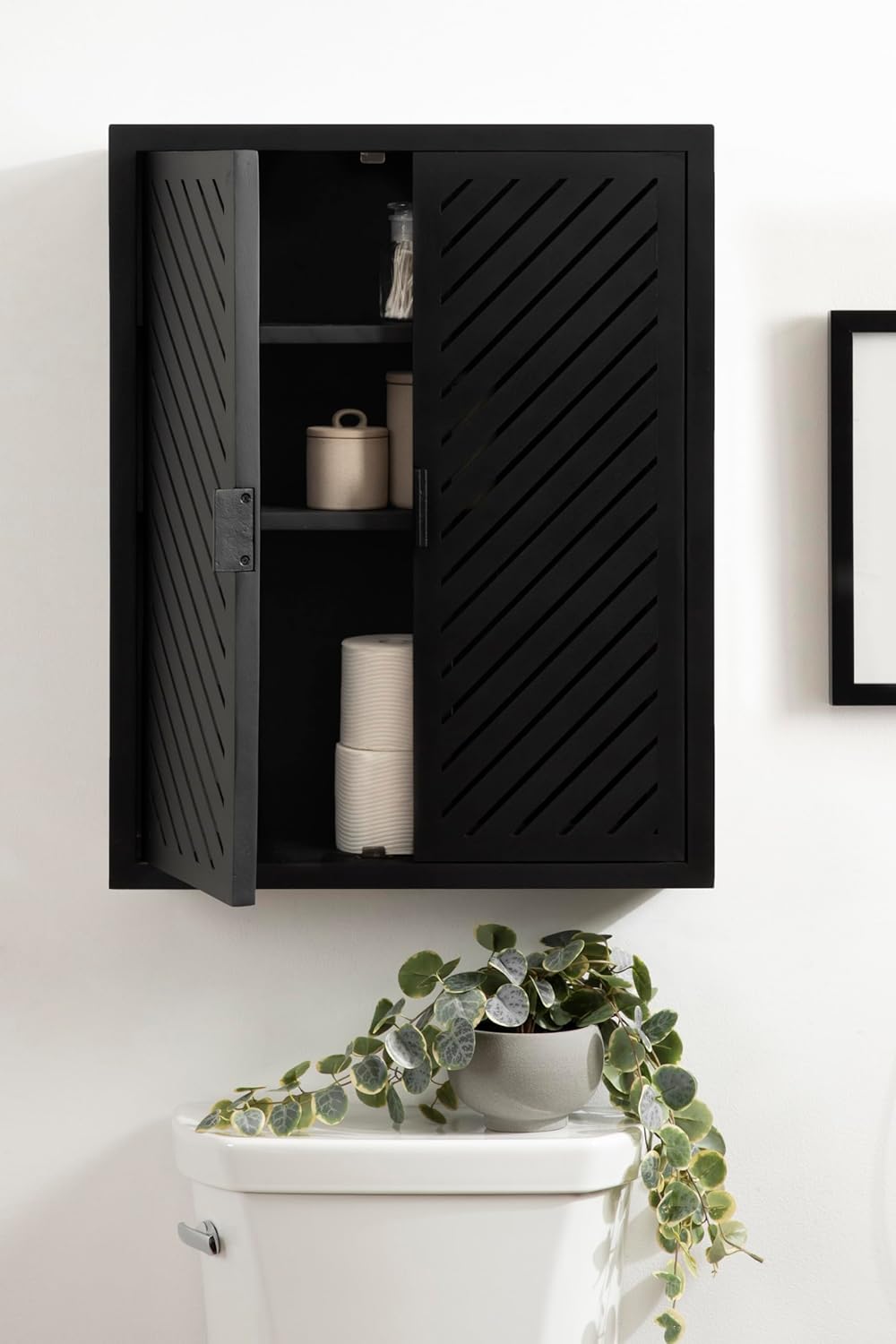 Kate and Laurel Mezzeta Decorative Modern Two-Door Floating Bathroom Cabinet, 22 x 7 x 28, Black, Decorative Over Toilet Storage Cabinet Made from Solid Mango Wood with Slatted Chevron Design