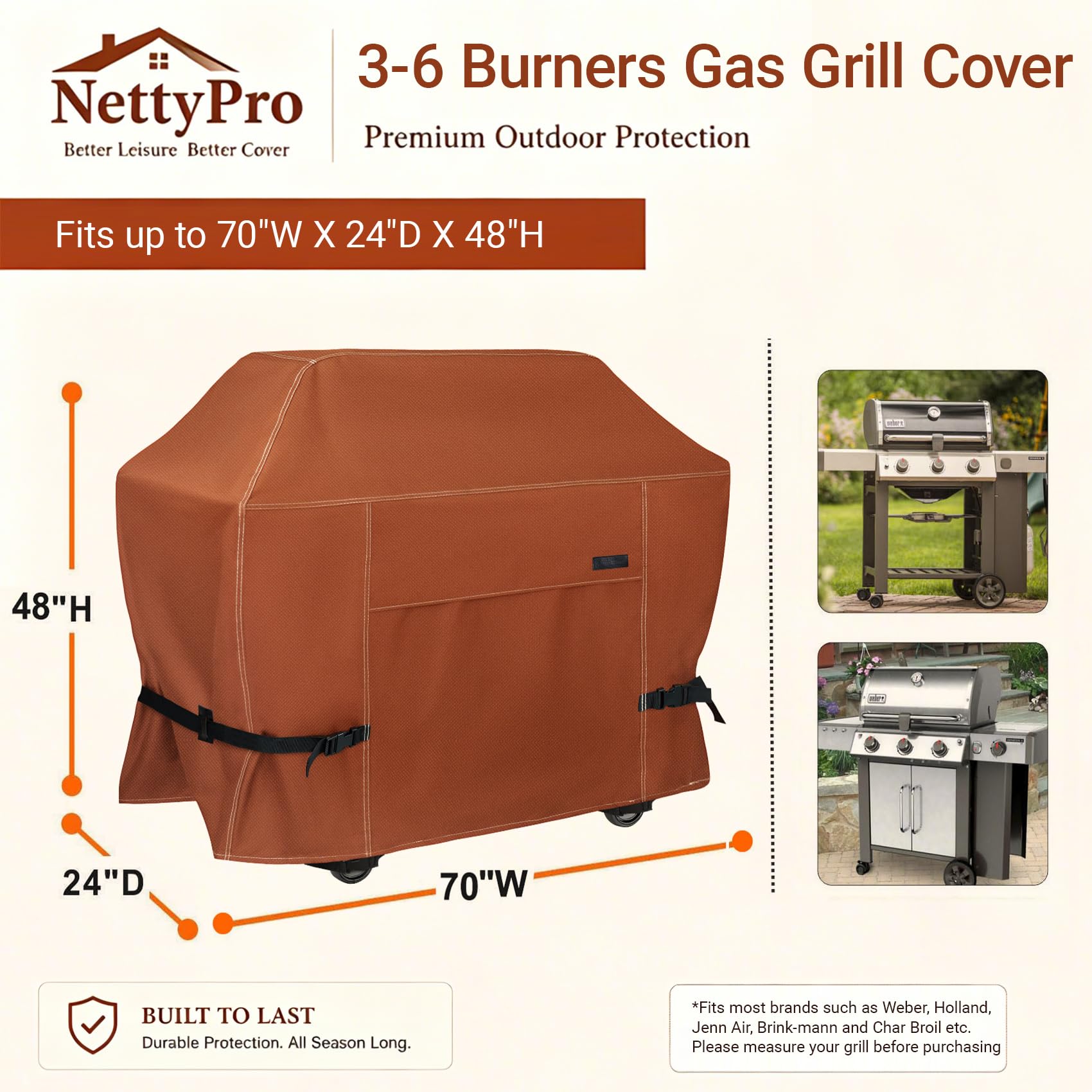 NettyPro Grillabdeckung für Outdoor-Grill, 177,8 cm, wasserdicht, strapazierfähig, Gas-Grillabdeckung für Außen-Weber, Char-Broil, Brinkmann, Jenn Air, Nexgrill 3-5 Brenner, Braun