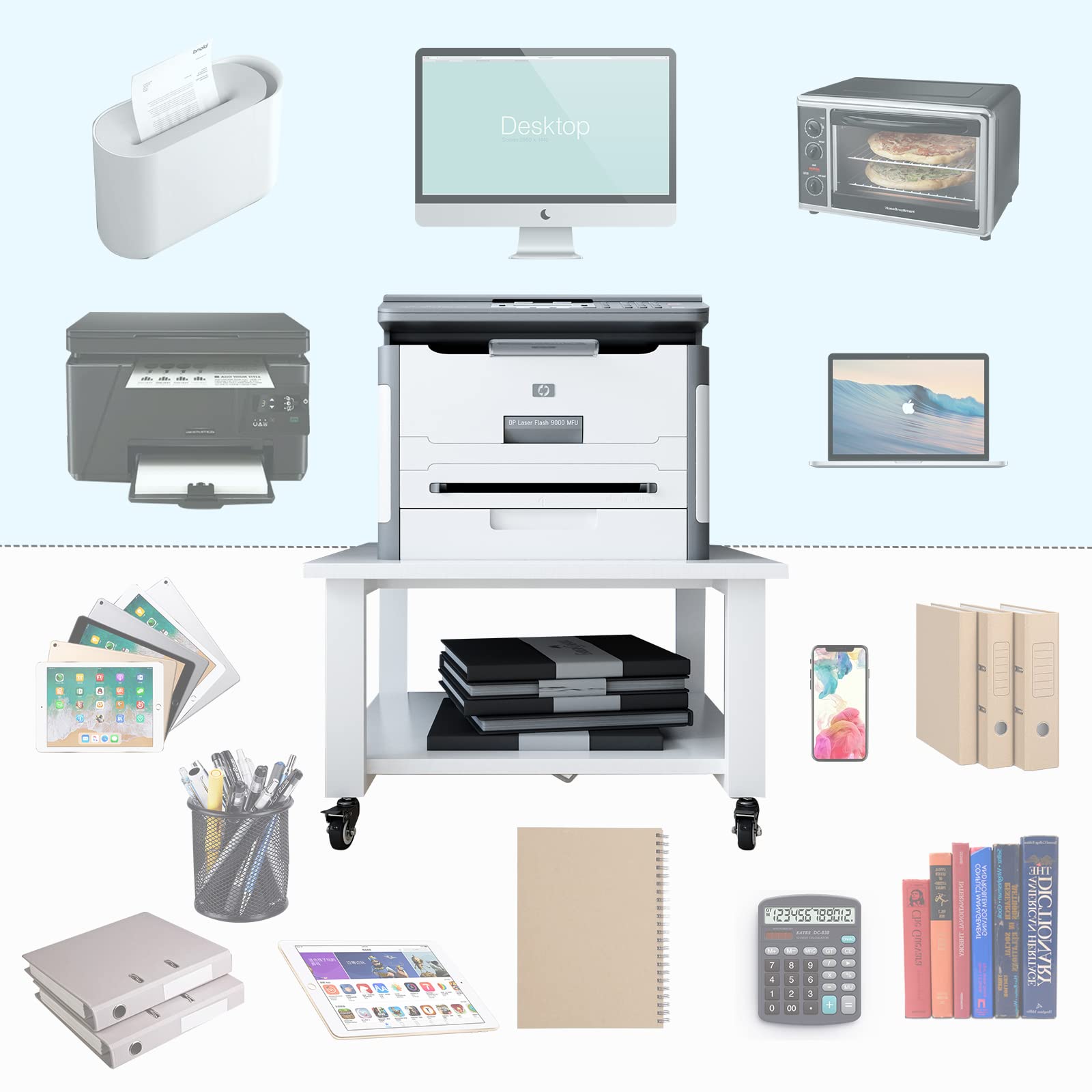 PUNCIA 2-Ebenen Druckertisch mit Rollen 50 x 50 x 30 cm Druckerständer | Druckerwagen mobiles Aufbewahrungsregal aus Holz & Metall bis zu 70 kg belastbar für Büro Zuhause Office Schule Weiß