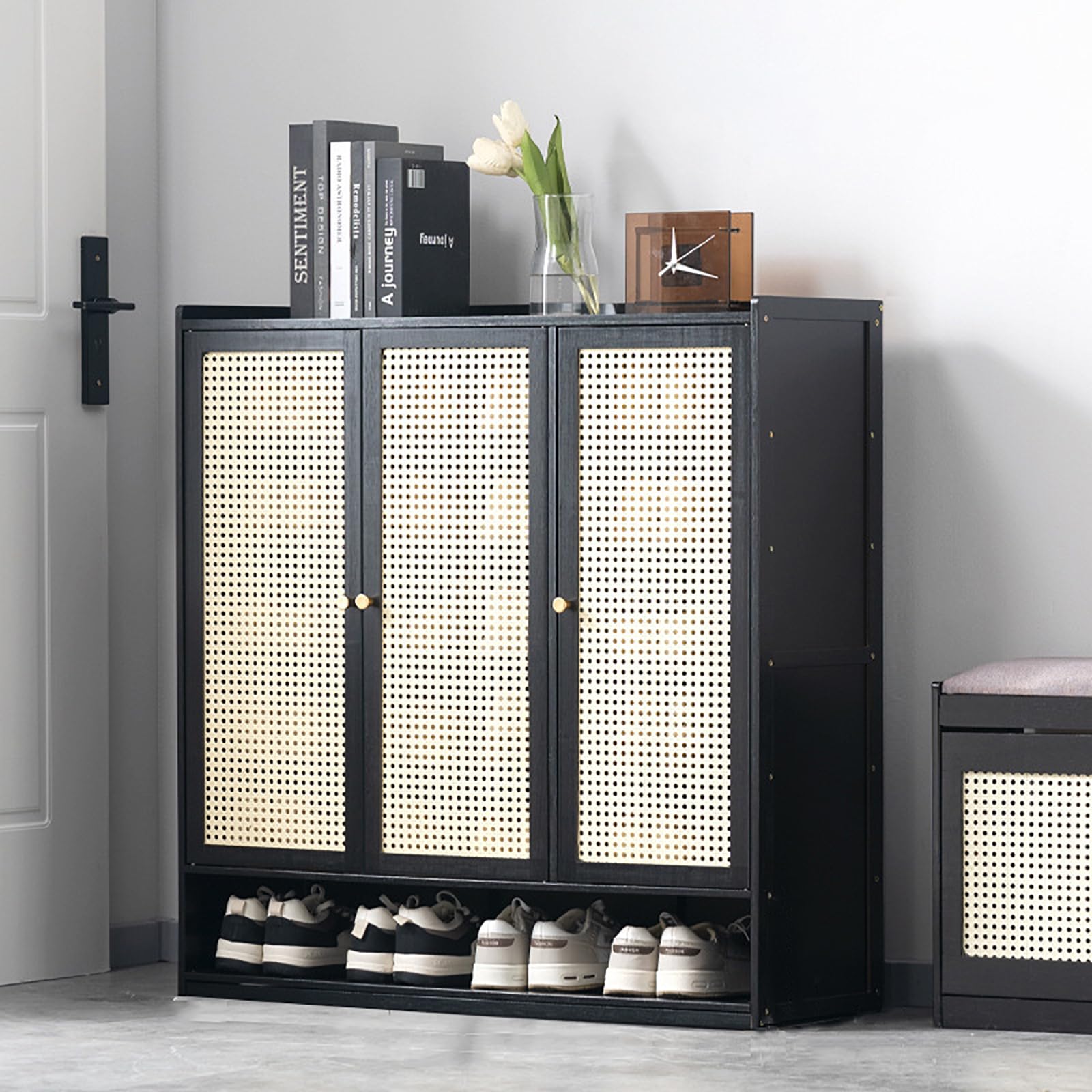 LMYSXAOZ 7-Tier Bamboo Shoe Cabinet with Doors - Freestanding Rack Organizer for Entryway, Hallway, Living Room & Closet Stylish Black Storage Solution