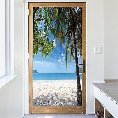 Vista 139 de Tropic - Película 3D para ventana, palmeras tropicales oceánicas en isla soleada, imagen panorámica, para puerta de cristal, baño, sala de estar
