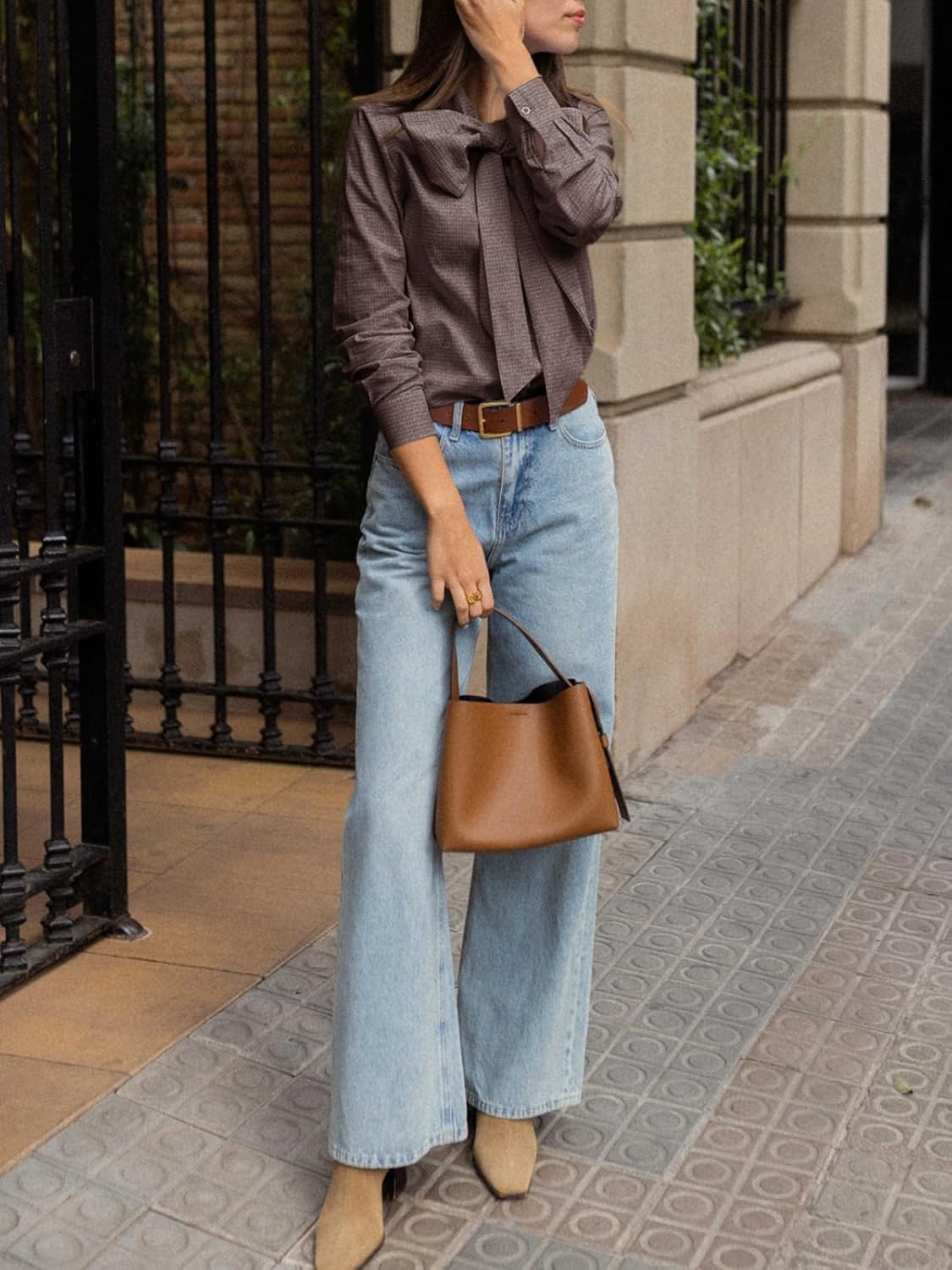 Cicy Bell Womens Plaid Shirts Bow Tied Neck Button Down Long Sleeve Casual Dressy Blouse Tops - Image 6