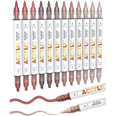 Guangna 12 Red Brown Dual Tip Acrylic Paint Markers, Brush Tip & Chisel Tip Acrylic Paint Pens for Pumpkin Paint, Rock, Wood, Glass, Paper, Coloring Book, Ceramic, Canvas, Water-Based Ink