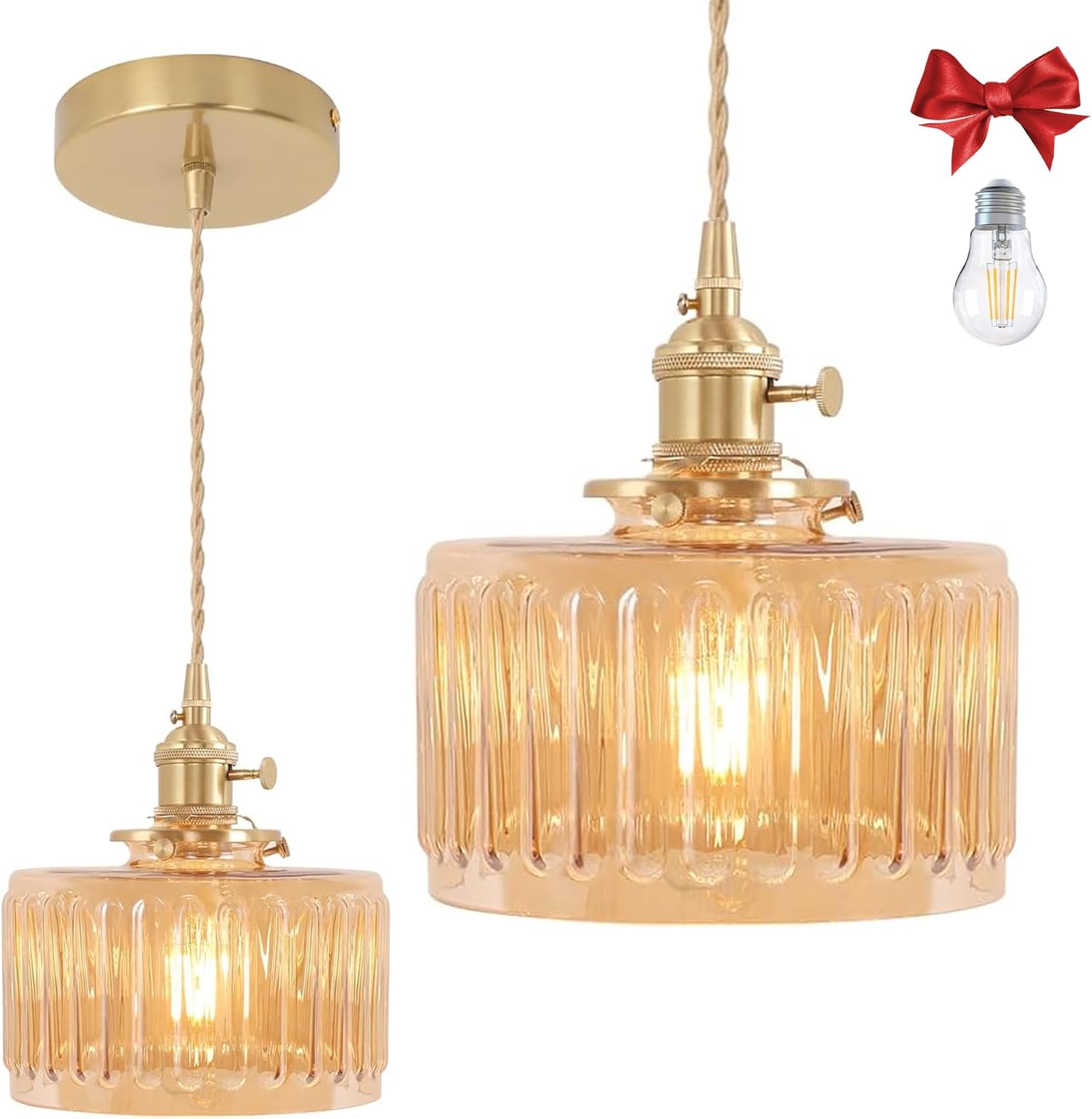 Clear Striped Glass Lampshade Pendant Light, Adjustable Cord, A60 Bulb Included, Suitable for Kitchen/Island/Dining Room