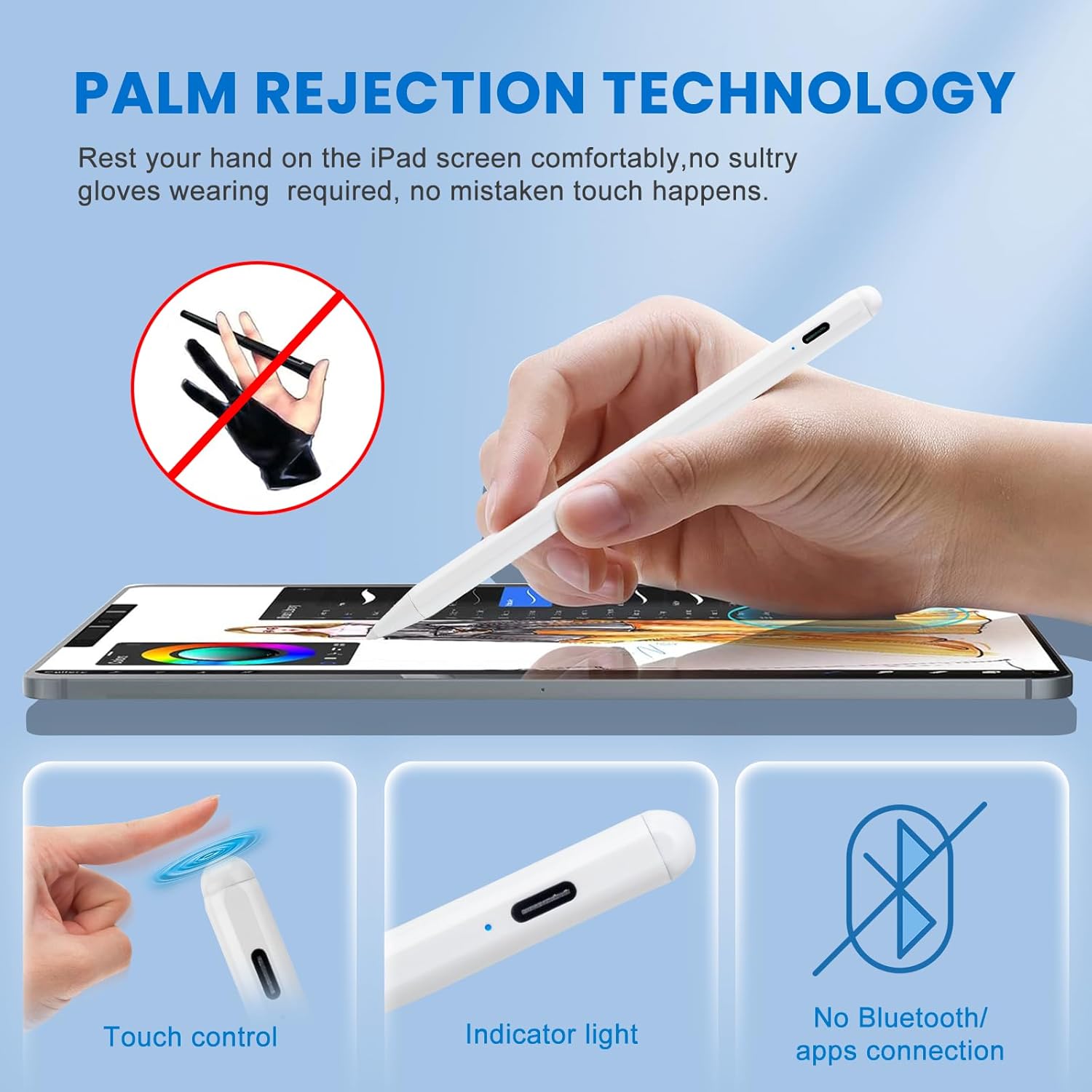 iPad 6th/7th/8th/9th/10th Generation Stylus Pencil with Palm Rejection, Type-C Rechargeable 1.5mm Fine Tip Compatible with Apple Pencil 2nd Generation for iPad 6th/7th/8th/9th/10th Generation,White