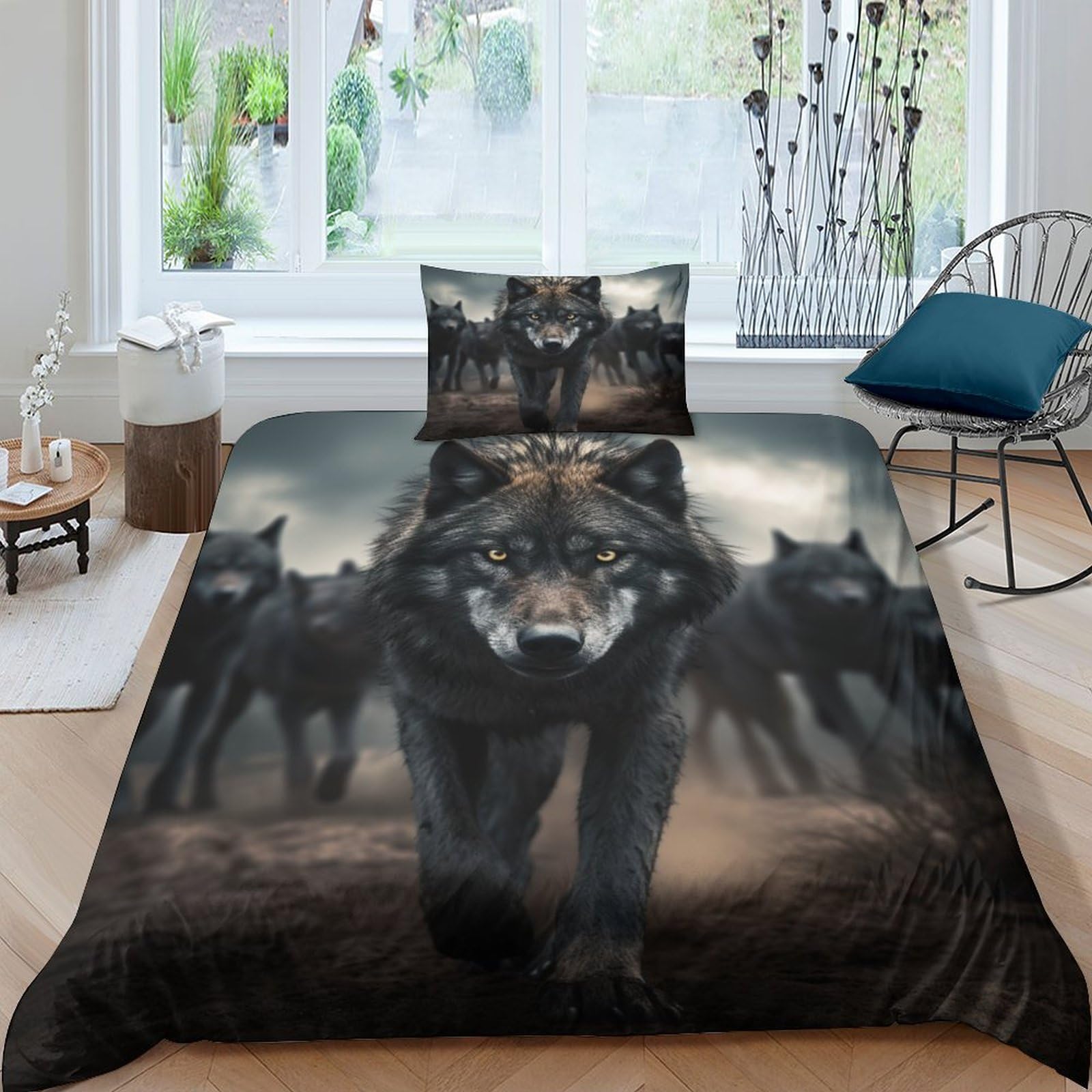 Geeyou Wolf Pack-8 Wolf Pack Lovingly Bedding Set Hidden Zipper Wolf King Duvet Cover Set With Pillowcases Quilt Cover Set Soft Microfiber Comforter Cover Various Sizes For Kids Adults Single（135X200cm）