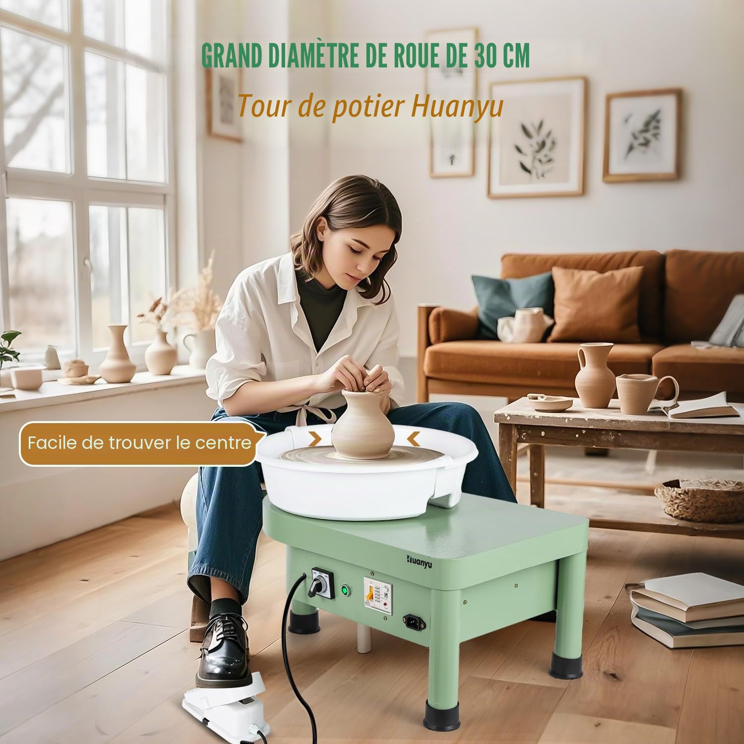 Huanyu Roue de poterie de 30 cm avec système de battes Roue de poterie électrique de 350 W pour adultes et débutants Roue de potier professionnel avec kit d'outils de poterie (Vert)