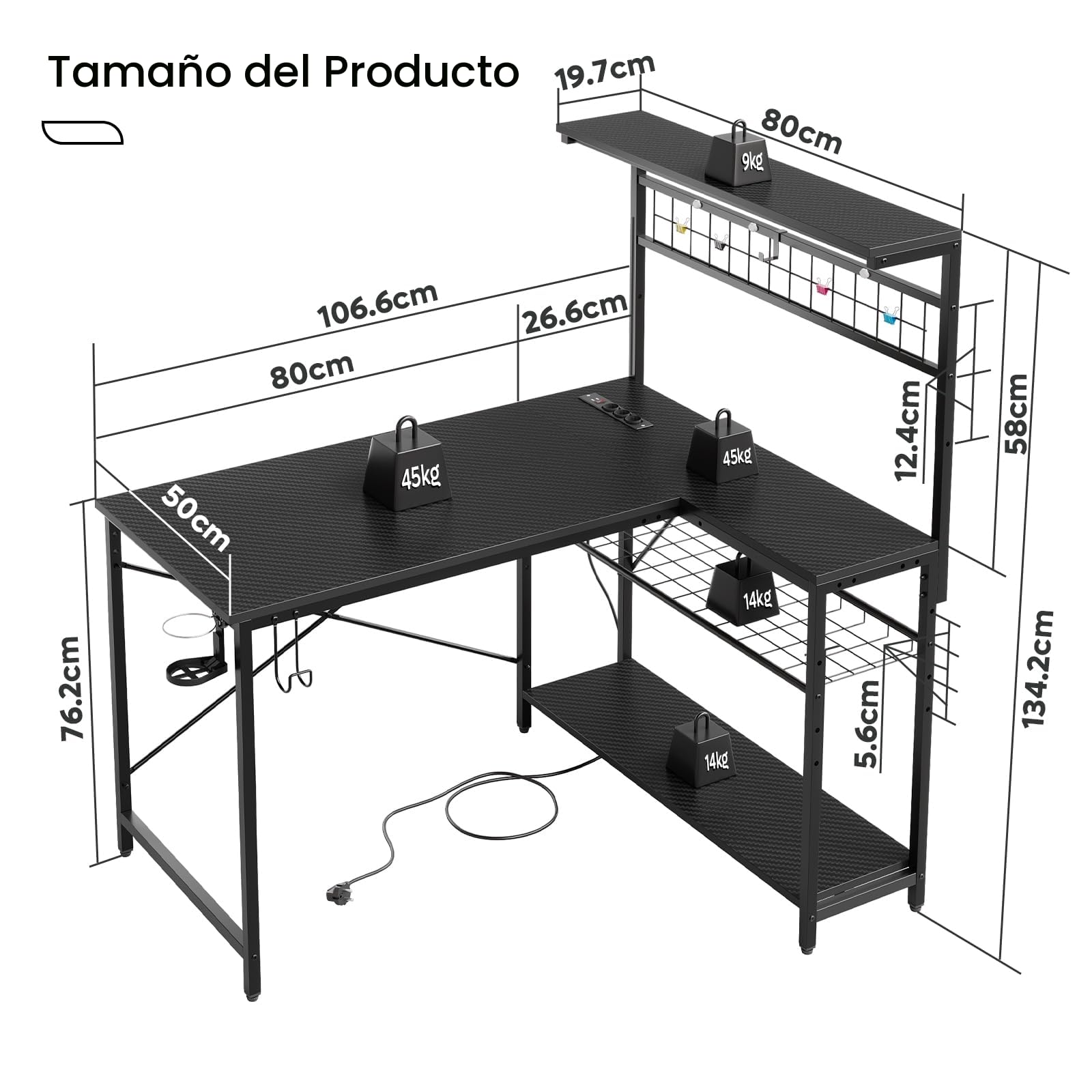 Bestier Escritorio en forma de L con enchufes, iluminación LED, superficie de fibra de carbono y amplio espacio de almacenamiento, perfecto para oficina en casa y juegos