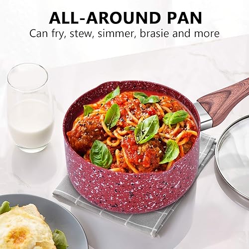 Miniatura 7 de CSK - Cacerola pequeña antiadherente de 3 cuartos con tapa con revestimiento derivado de granito, sartén para estufa, adecuada para guisar y hervir