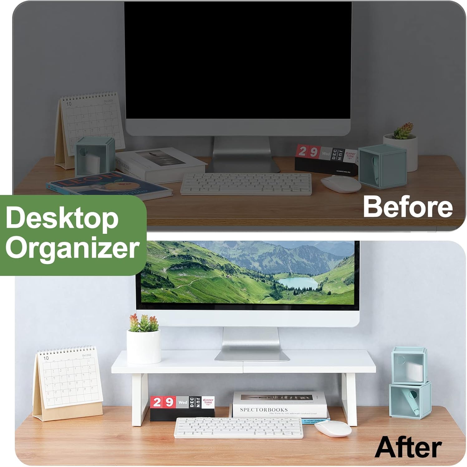 TEAMIX 24 inch Monitor Stand Riser, White Wood & Steel Computer Monitor Stand with Storage, Laptop, PC, Printer Stand Riser for Desktop Office Desk Organizers