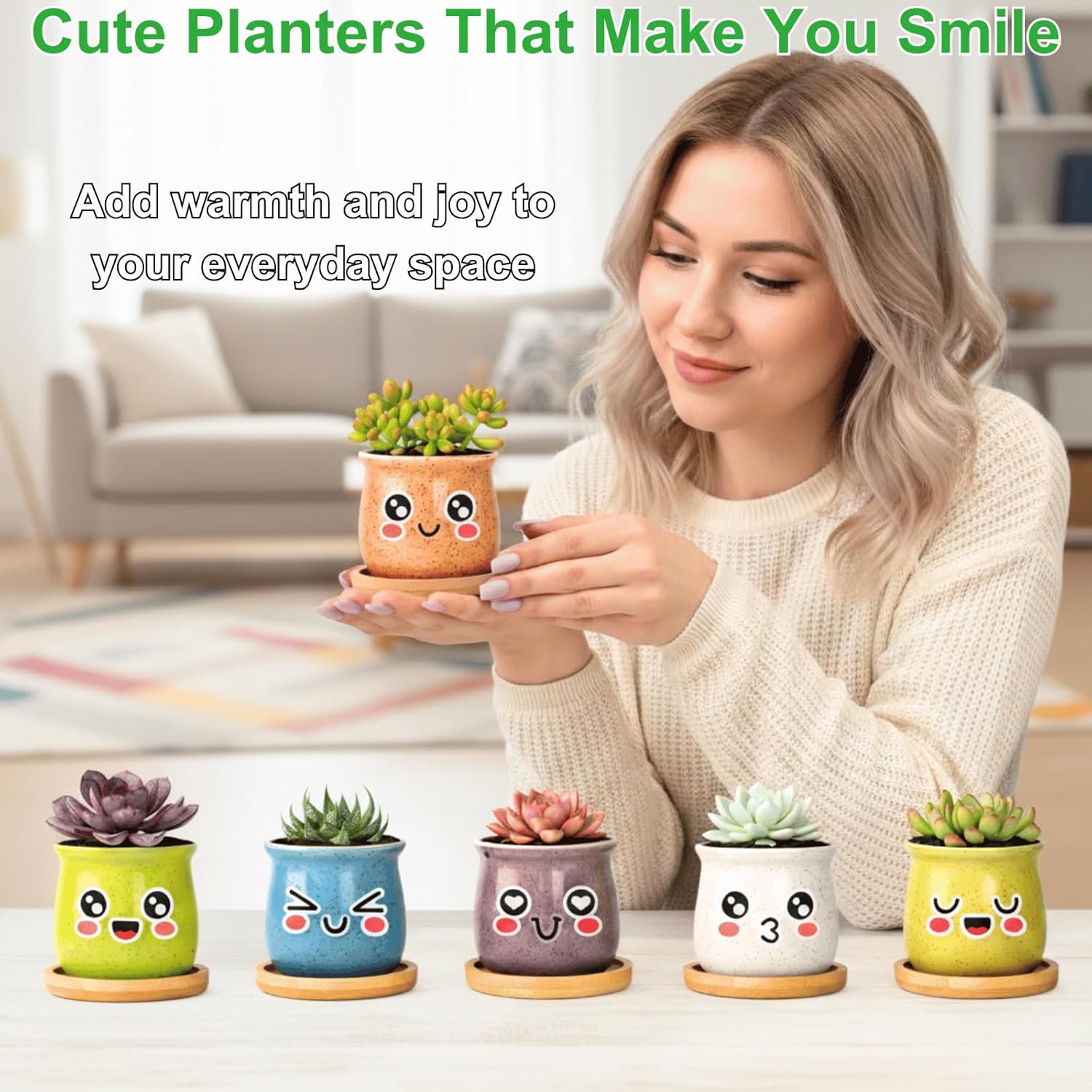 3 Inch Small Succulent Pots 6-Pack Cute Mini Ceramic Pots with Bamboo Tray Cactus Planters for Home and Office Decor Gift for Women, Mom, Plant Lover (Plants Not Included)