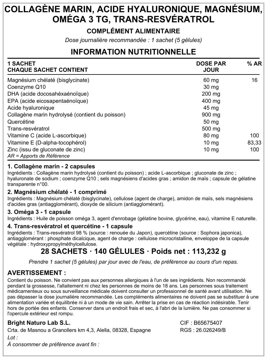 Collagene Marino, Acido Ialuronico, Magnesio, Omega 3 TG, Trans-Resveratrolo - SmartAbsorb™ | per la salute della pelle, la mobilità articolare e la funzione muscolare | 28 bustine giornaliere