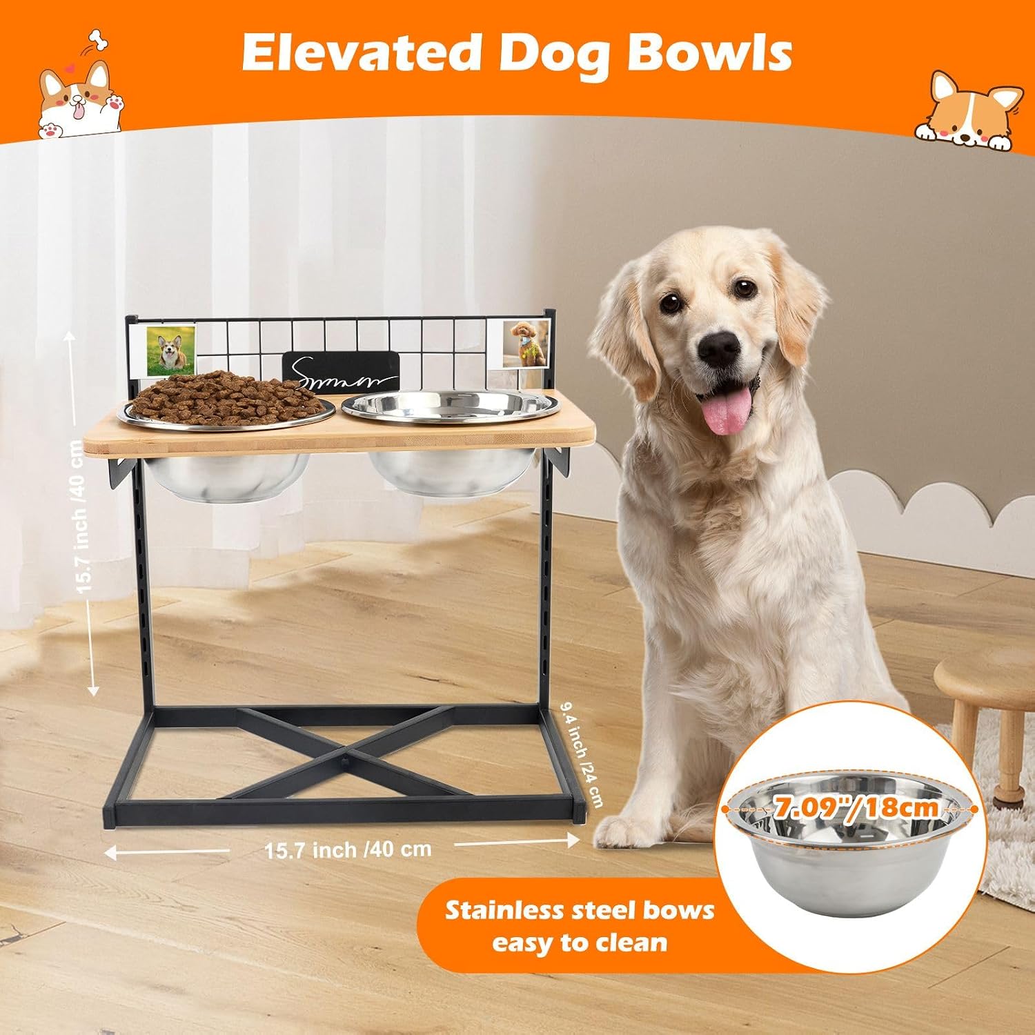 Elevated Dog Food Bowls Raised Dog Bowl Stand Feeder Adjustable Elevated with Stainless Steel Bowls for Large Dogs and Cats 15.7x15.7x9.4 Inch