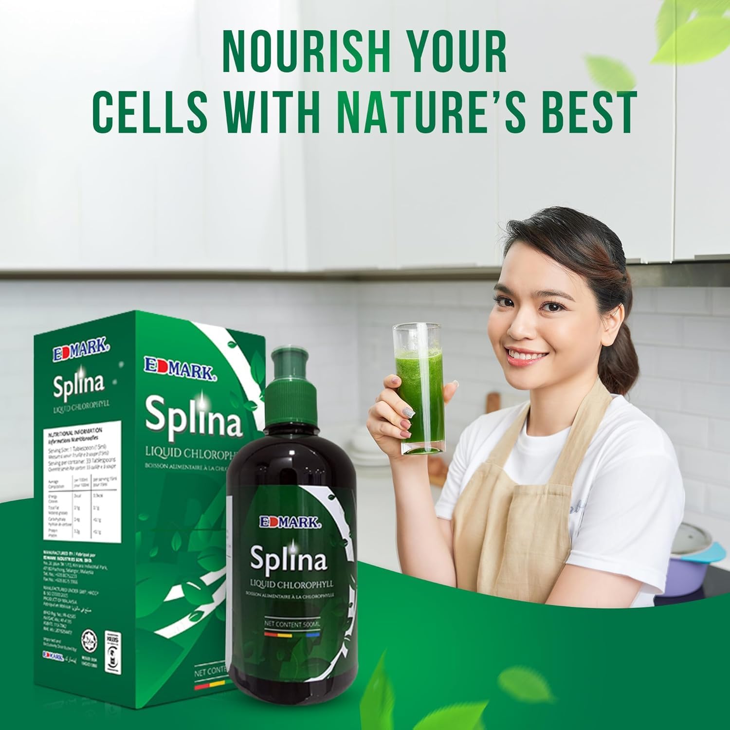 EDMARK Splina Chlorophylle liquide 500 ml – Équilibrant, nettoyant, nourrissant, rajeunissant – Vert