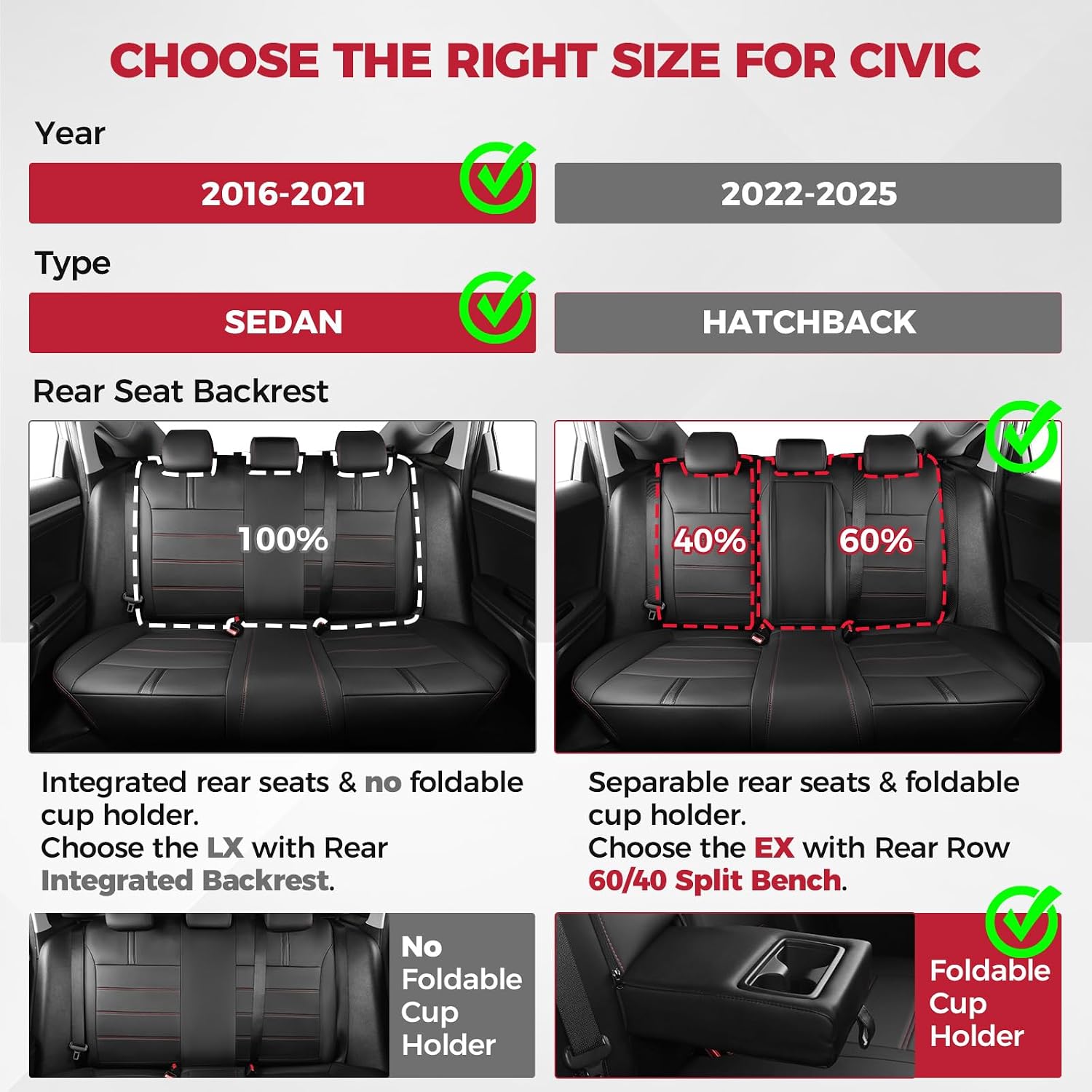 FREESOO Car Seat Covers 1:1 Custom for Honda Civic Sedan EX, Touring, LX-P, Sport 2016 2017 2018 2019 2020 2021,Leather Car Seats Cover Full Set - Rear Row 60/40 Split Bench - Black Red