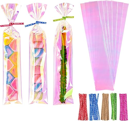 Cherodada Bolsas de celofán, 3 x 12 pulgadas, bolsas holográficas iridiscentes de pretzel con lazos giratorios, chocolate, galletas (paquete de 100)