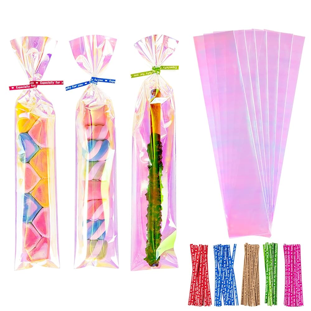 Cherodada 2x10 Inch Iridescent Cellophane Bags, with Twist Ties, Treat Bags for Candy Cookie Goodie Chocolates, And Popcorn