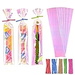 Cherodada 2x10 Inch Iridescent Cellophane Bags, with Twist Ties, Treat Bags for Candy Cookie Goodie Chocolates, And Popcorn