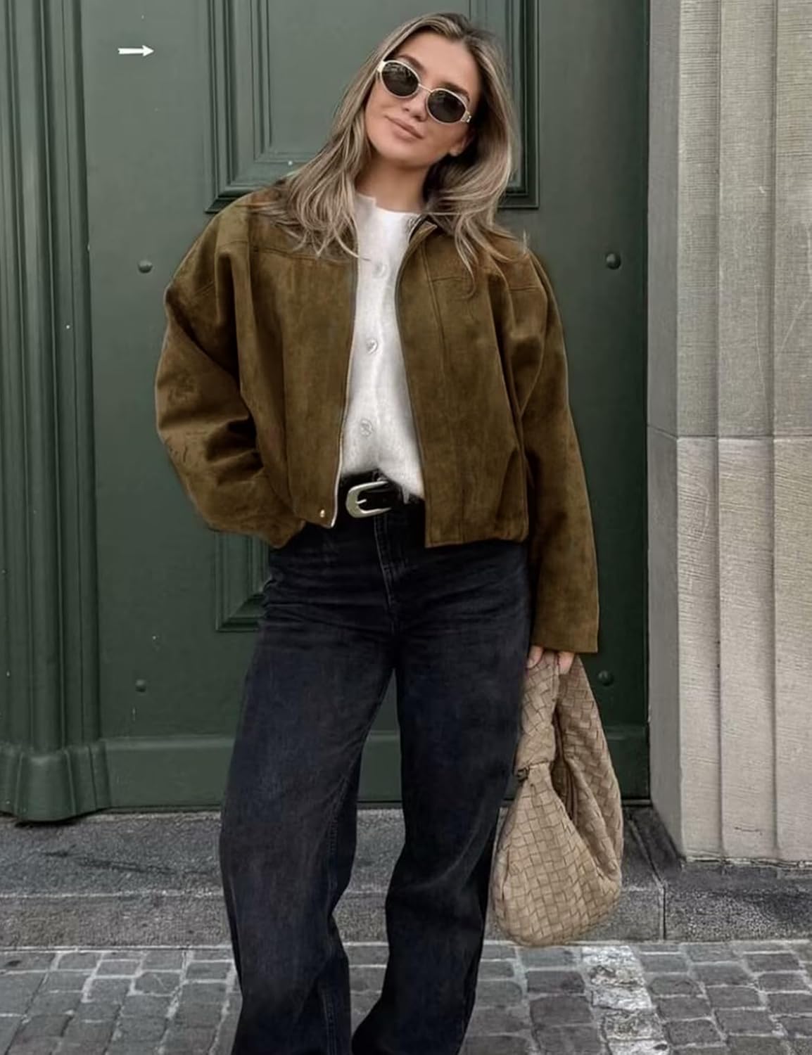 Kissonic Women's Oversized Jackets Faux Suede Bomber Jacket Lapel Pilot Cropped Casual Coat for Streetwear Outerwear - Image 4