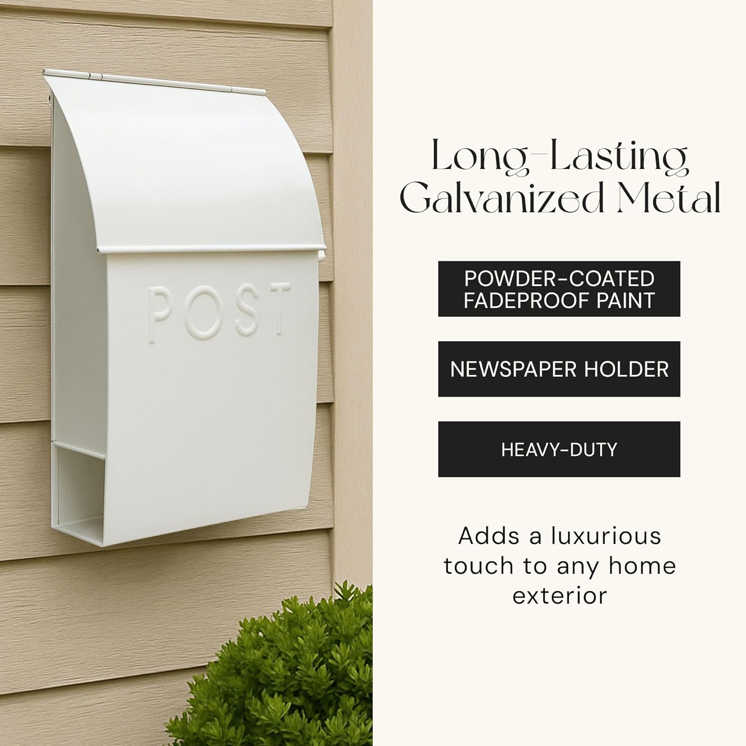 NACH Mailboxes for Outside Wall Mount, 15 x 10 x 4 inches, White Mailboxes for Outside, Waterproof Mailbox Wall Mount with Newspaper Holder - The Milano Mailbox