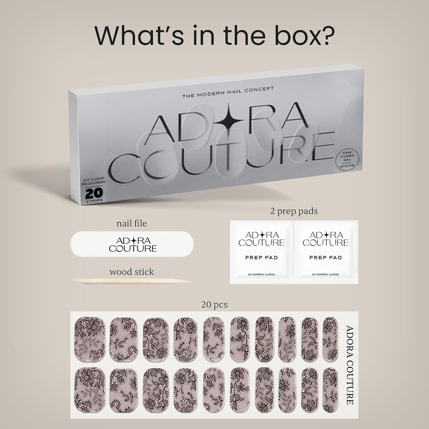 Adora Couture Semi Cured Gel Nail Strips with 20 Pieces - UV Gel Stickers, Manicure Kit, Easy Application Wraps Includes Prep Pads, Nail File, Wooden Stick - UV Light Required (Midnight Lace)