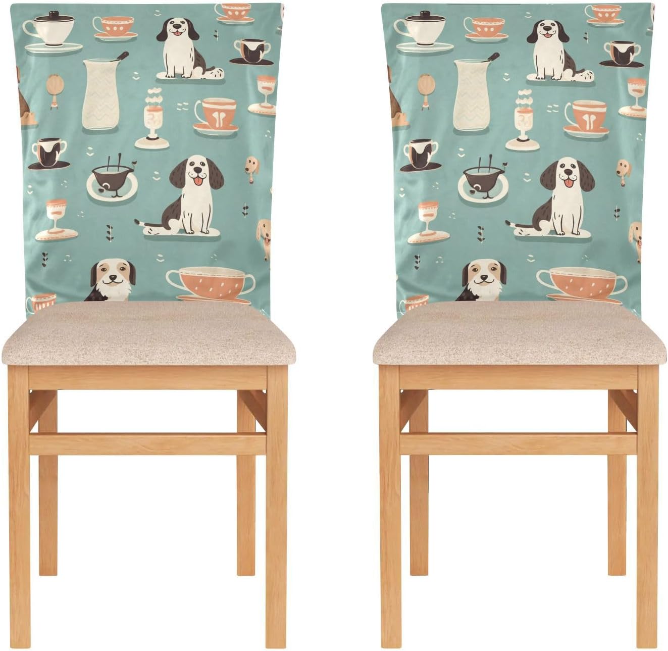 ALAZA Coffee Cups and Dogs Chair Back Cover Set of 6, Washable Reusable Removable Chair Slipcovers Decorative Chair Cover for Home Kitchen Wedding Party