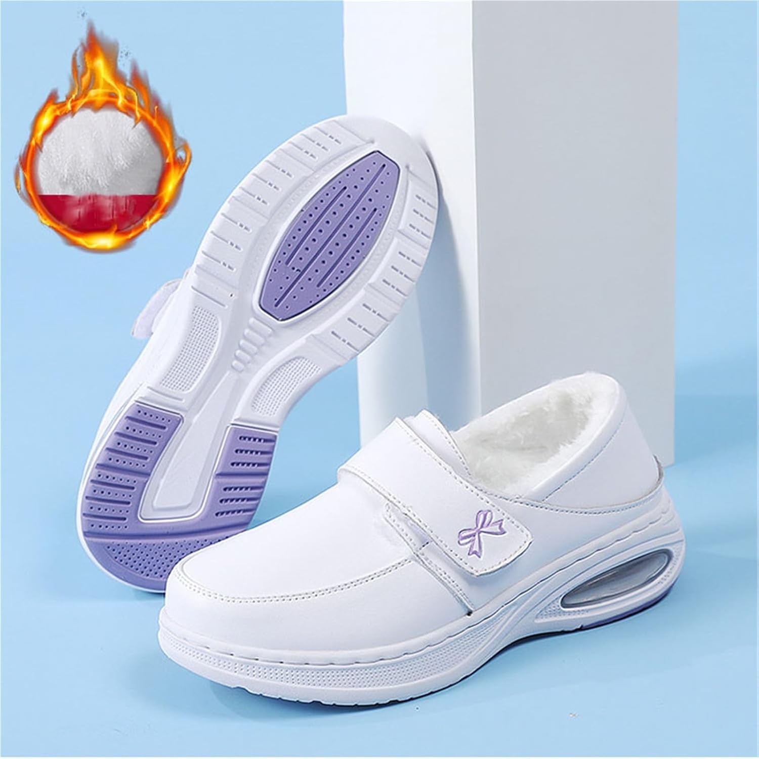 Lightweight Comfortable Nurse Shoe, Women's White Leather Comfortable Adjustable Warm Plush Nurse Flat Shoes, Casual Walking Driving Shoes, Ideal for Doctors Healthcare Crews