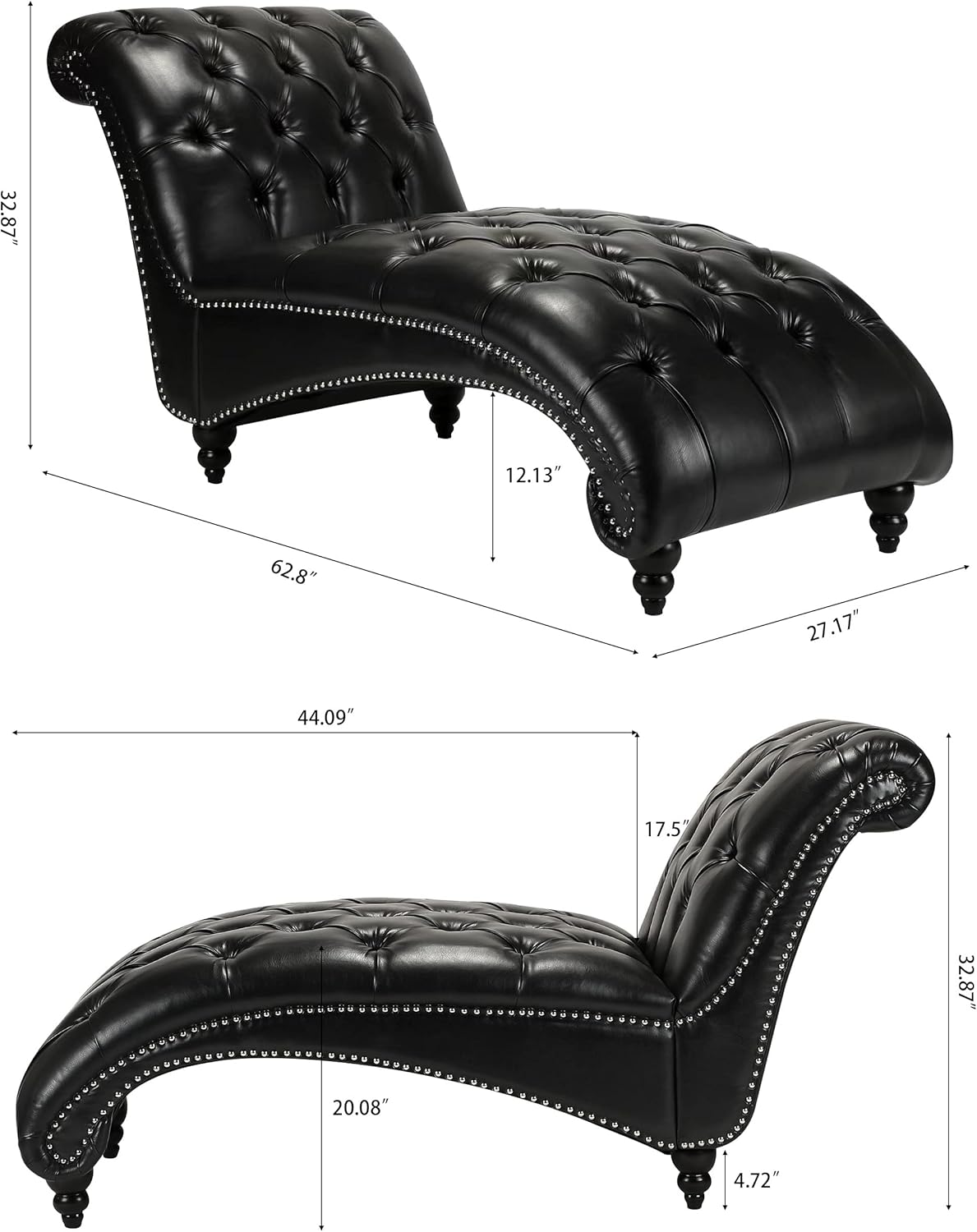 Button Tufted Chaise Lounge PU Leather Upholstered Mid Century Modern Accent Sofa Chaise Armless Elegant Recliner Lounge Chair Solid Wood Legs (PU Black)