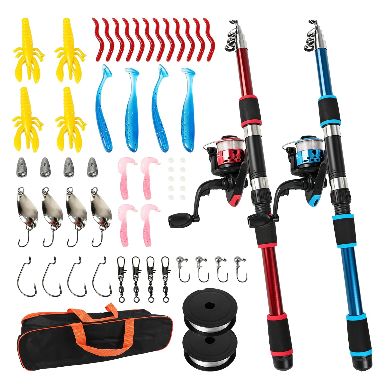 2 Kids Fishing Pole Sets, 1.8M Portable Telescopic Fishing Rod and Spinning Reel Combo with Line Lure Kits & Carry Bag for Starters Youth Saltwater Freshwater