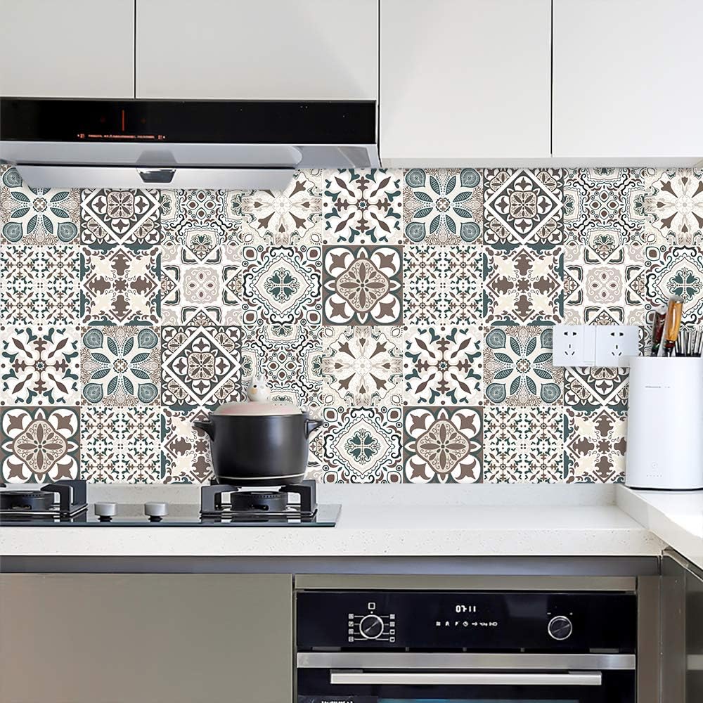 10-Piece 4x4 Floral Mandala Style, Waterproof and Oil-Proof, Removable Kitchen Backsplash Stickers, Square Plastic Wall Decals, Space Theme for Indoor Use