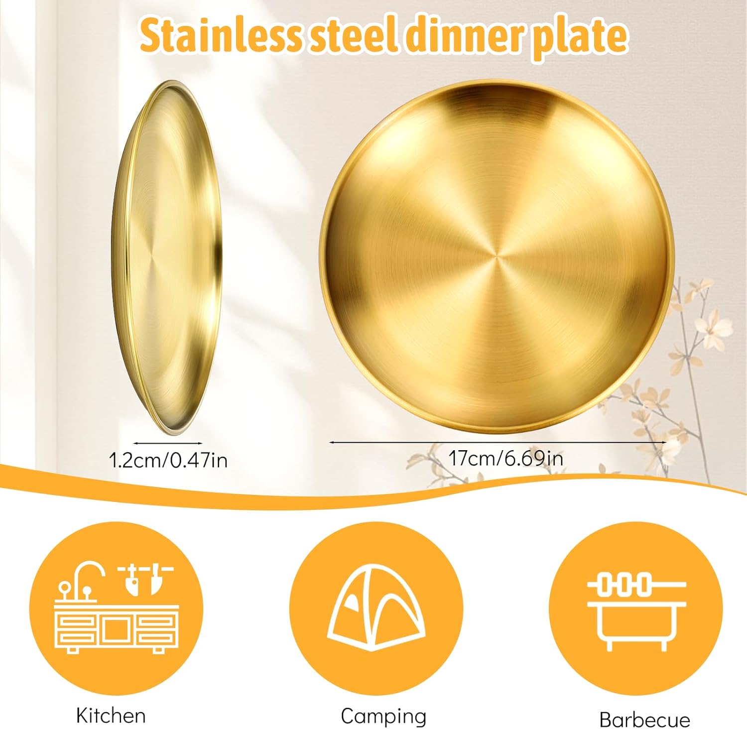 20 Pieces Gold Stainless Steel Plates, 6.5 Inch Metal Round Dinner Dishes, Reusable and Dishwasher Safe for BBQ, Salad, Snack, Desserts, Food Serving, Outdoor Camping