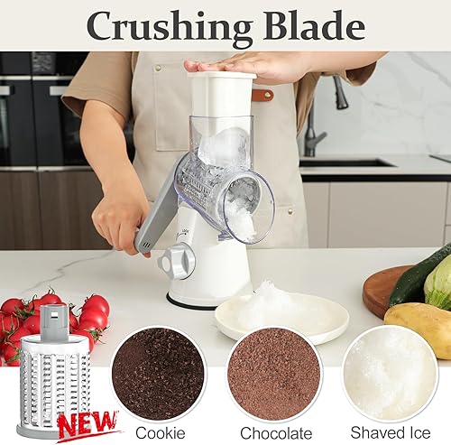 Miniatura 3 de Cambom Rallador de queso giratorio 5 en 1, triturador de queso de manivela para queso fresco, verduras, nueces, base de succión antideslizante,