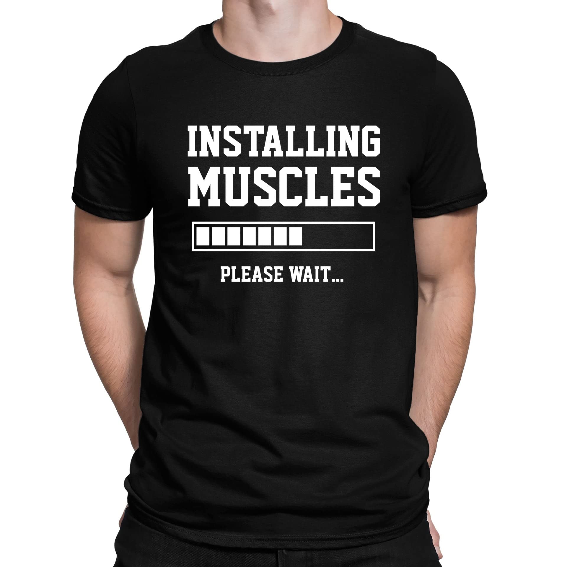 Installing Muscles Please Wait Gym Slogan Funny Mens T-Shirt Black (S)