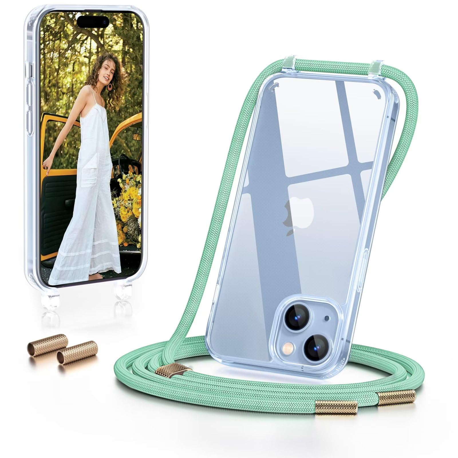 GOODVISH Cover Trasparente con Cordino per iPhone 15, Custodia con Regolabile Collana per iPhone 15 6.1'', [Antiurto] [AntiGraffio] [Antiscivolo] Case con Laccio Tracolla, Verde