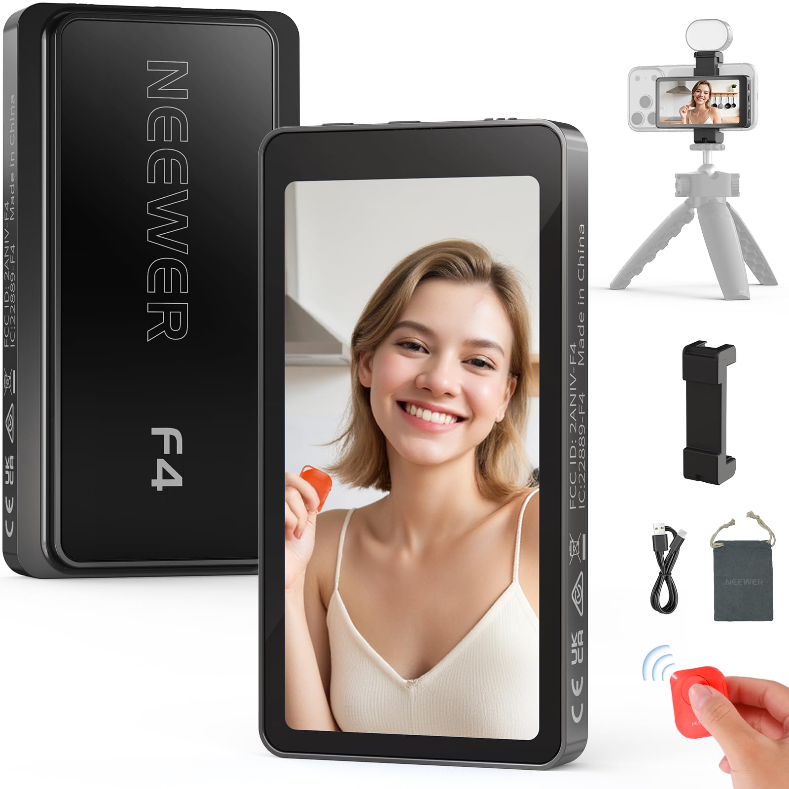 NEEWER Ekran do selfie i vlogów 4" kompatybilny z iPhonem, 500nitami, 1080 x 540p, bezprzewodowy, z pilotem zdalnego sterowania, głośnikiem i baterią 1800 mAh, niekompatybilny z telefonami Google