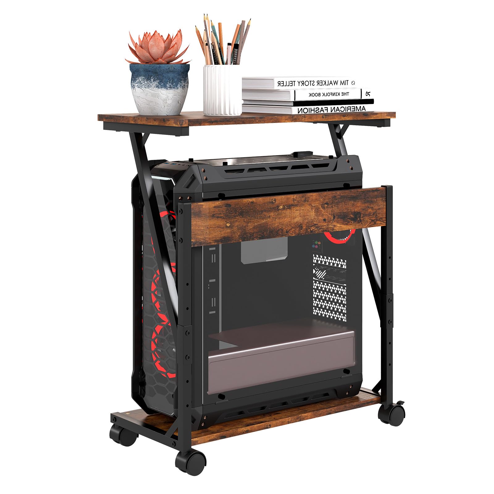 Computer Tower Ständer, Höhenverstellbarer CPU Stand, CPU Halter PC Regal mit Rollen, Druckerständer unter Schreibtisch, 2 Schicht Computer Ständer Drucker Cart