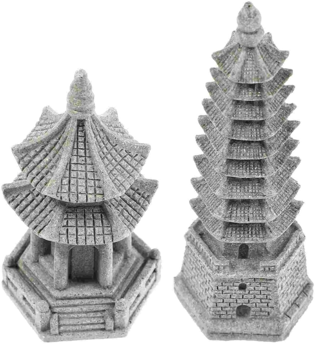 Set of 2 Pagoda Garden Miniature Sculptures - Zen Tower Decor Statues for Indoor and Outdoor Fairy Gardens - Asian Figurines for Chinese Outdoor Pagoda Decor for Home and Garden Enthusiasts