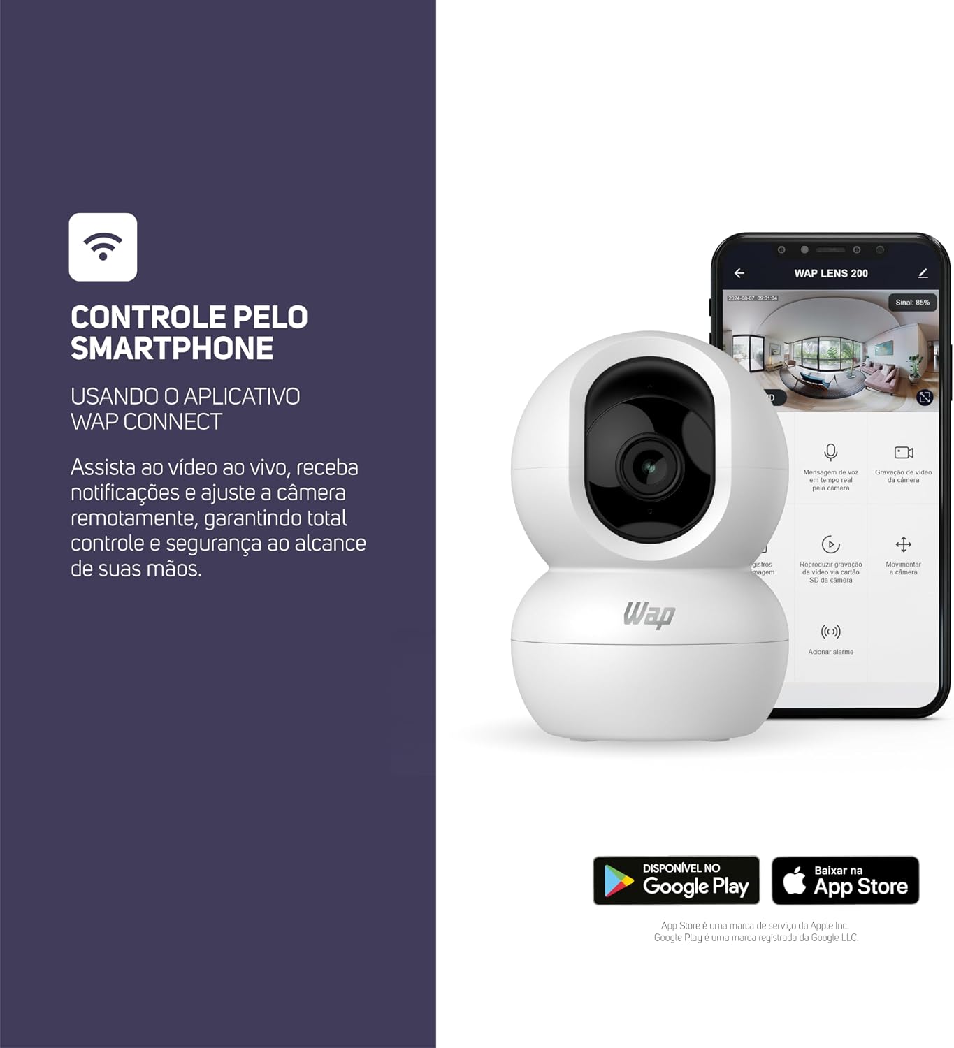 WAP Câmera de Segurança LENS 200, 360° Graus, Áudio Bidirecional com Cancelamento de Eco e Detector de Movimento, 5W 5V