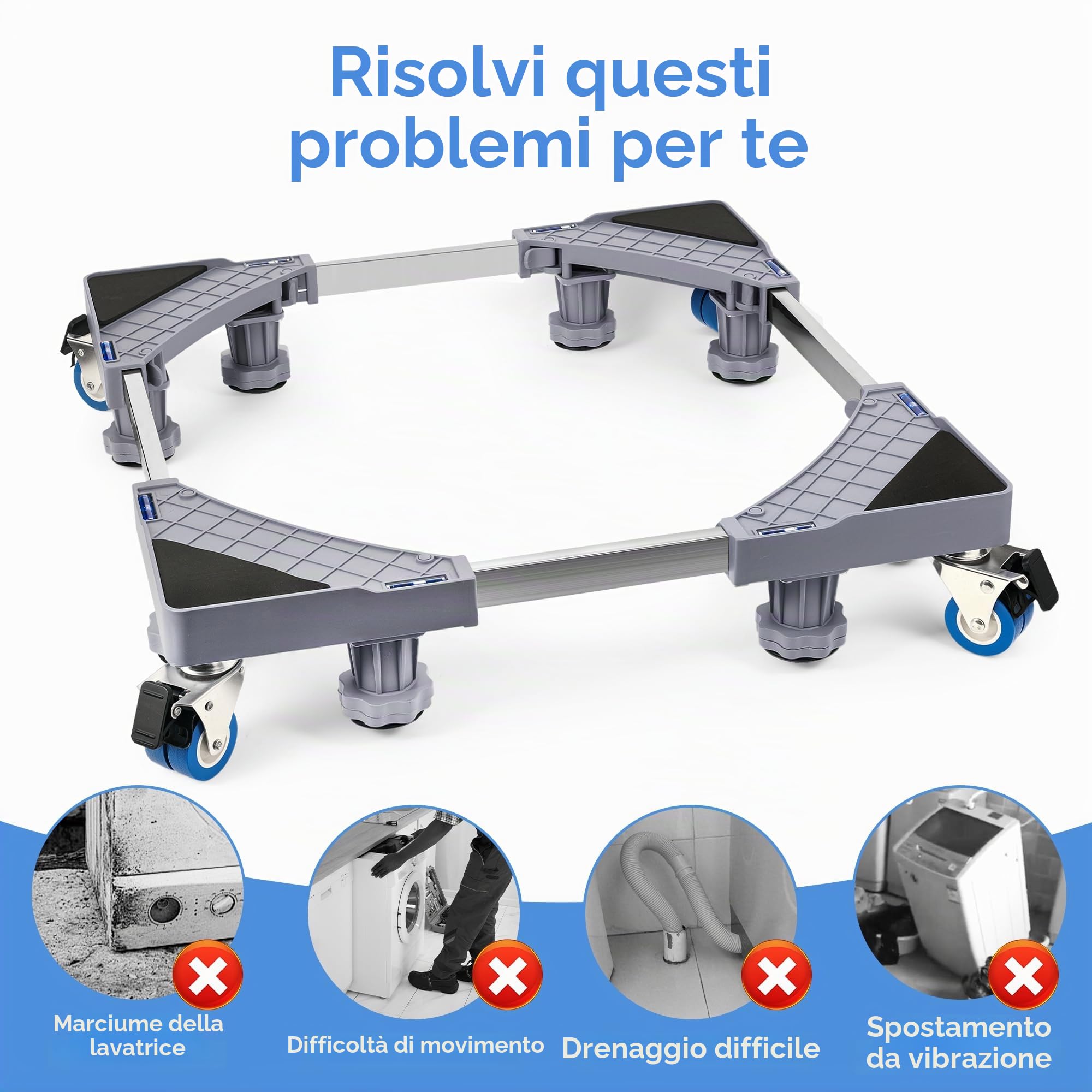 Base per Lavatrice con 8 piedi + 4 Ruote per Lavatrice, Frigorifero e Asciugatrici. Ruote Per Lavatrice Dimensioni Regolabili 42-66 cm, Antiscivolo e antiurto(Peso massimo 300 kg)