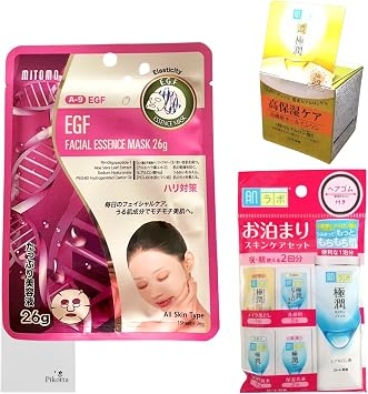 Pikotta Skin Lab Intensely Jun, Highly Moisturizing All-in-One, 1.0 oz 29 g & Skin-Grooming Hadalabo Skin Care Set with Hair Elastic, For Travel, Business Trips, Overnight 2 Days of Sleep, 1 Sheet