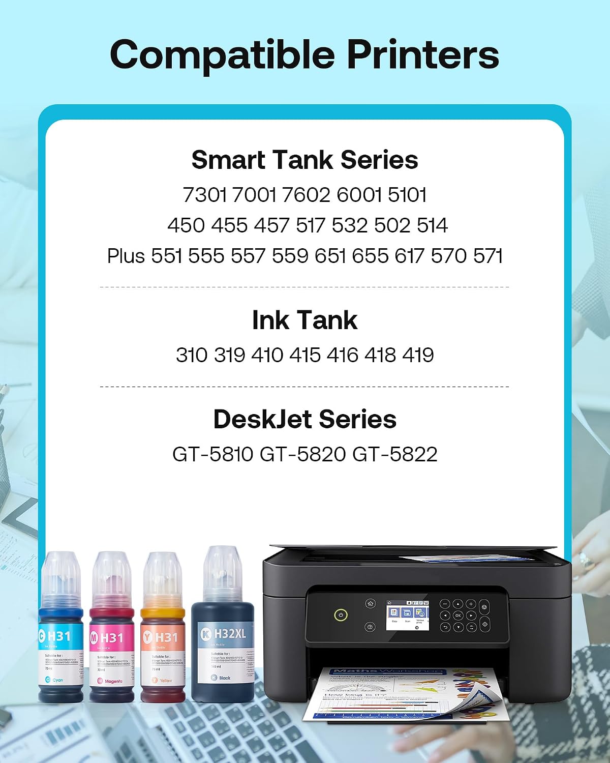 31 32XL Ink Bottle Refill Kit Compatible for HP Smart Tank 5101 7301 7602 7001 6001 Plus 551 651 455 457 450 All-in-One Ink-Tank Printers, 4-Pack (140ML 32XL Black Ink, 70ML 31 Color Ink) image 2