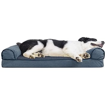 Furhaven Pet Faux Fleece & Chenille Soft Woven Cooling Gel Top Sofa Pet Bed, Large, Orion Blue