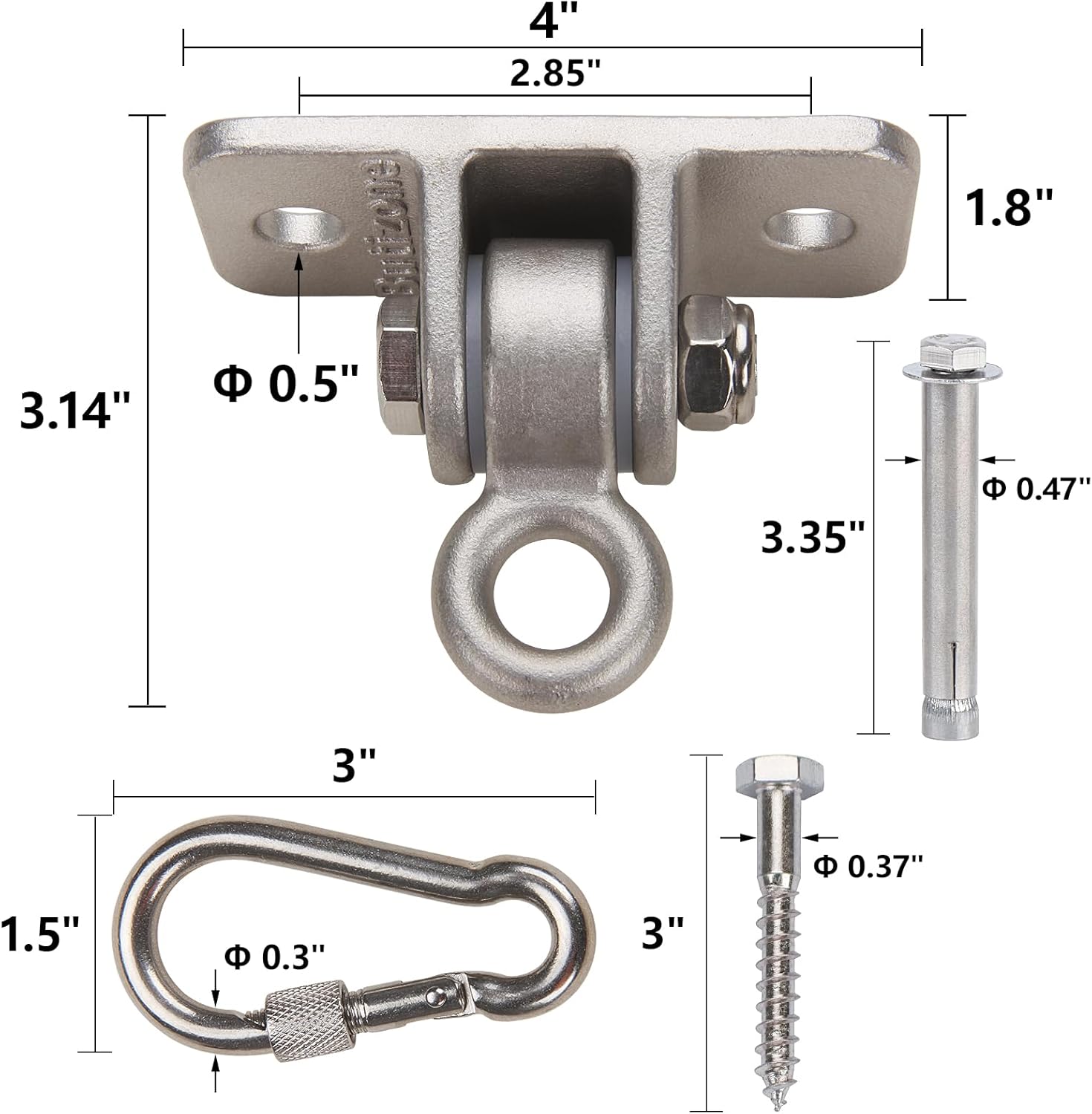 Butizone Heavy Duty Swing Hangers 304 Stainless Steel for Wooden Sets, Swing Hooks Screws Bolts with Snap Hooks for Playground, Porch, Swing Seat, Indoor Outdoor, Set of 4