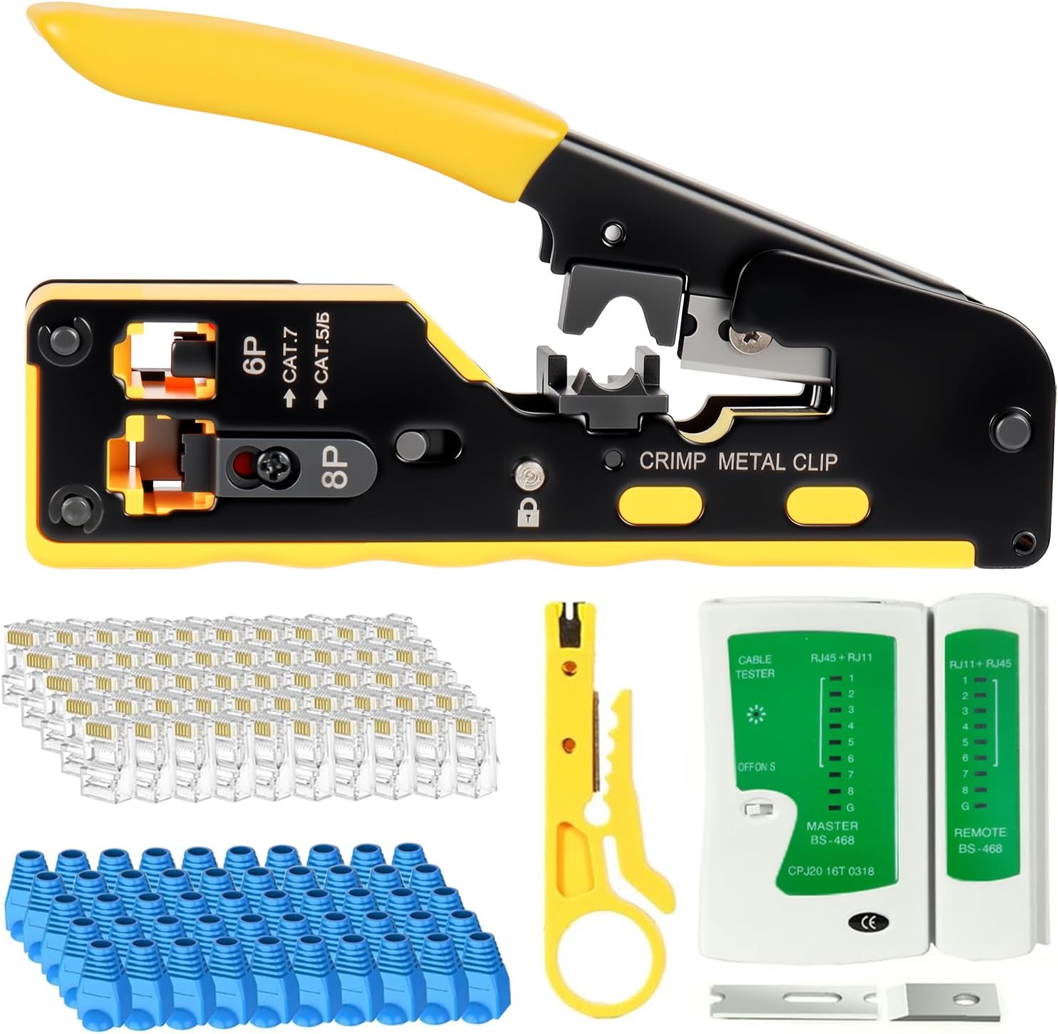 RJ45 Crimp Tool Pass Through Ethernet Crimping Tool Kit, All-in-One Ethernet Crimper for Cat5/6/7, with Cable Tester, Wire Stripper & Cutter, 6P/8P Ports, 50 Connectors, RJ45 RJ11 RJ12 Compatible